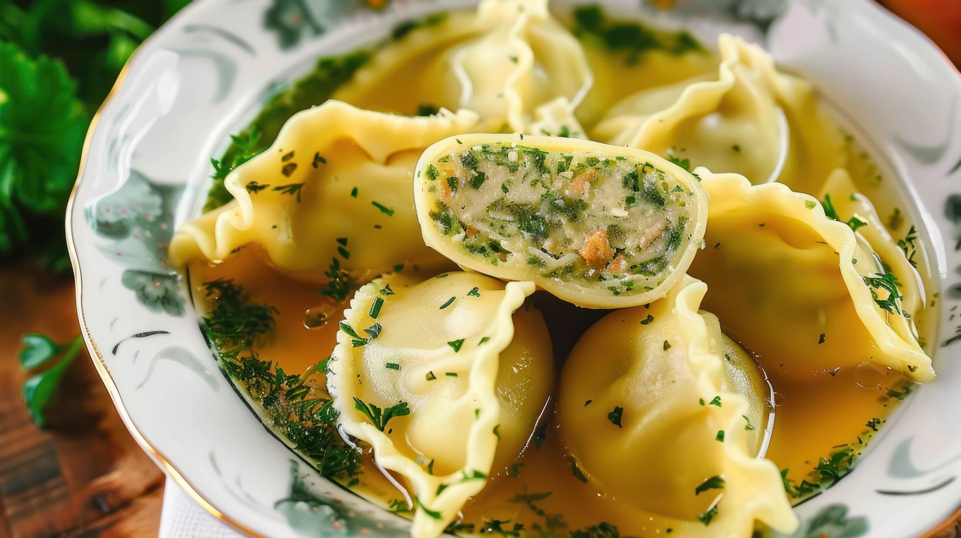 Maultaschen, A Traditional German Dish, German Stuffed Pasta, Served In A Clear Broth With Herbs