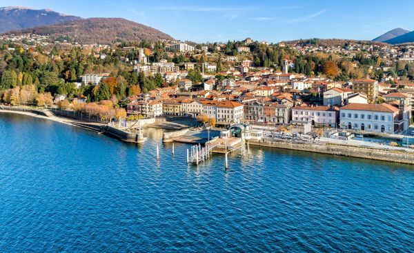 Aerial view of Luino, is a small town on the shore of Lake Maggiore in province of Varese, Italy.