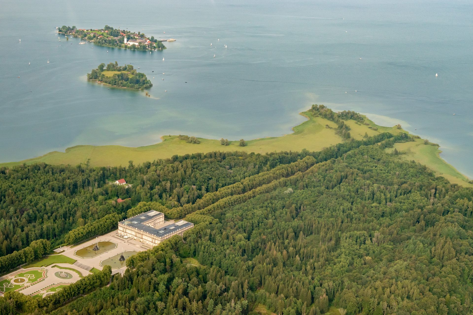 Men island on the lake Chiemsee in Germany seen from a small plane