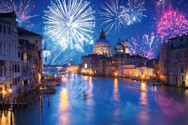 New Years firework display the Santa Maria della Salute Basilica in Venice, Italy
