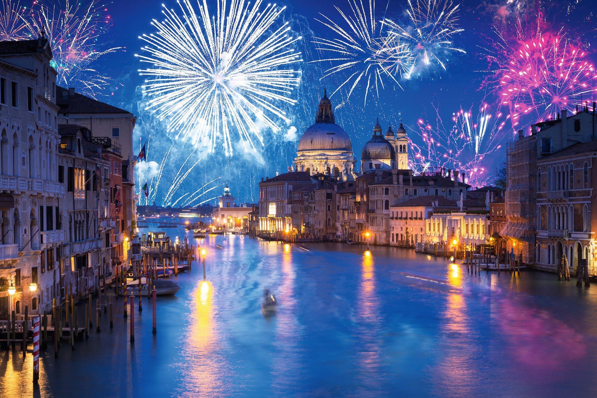 New Years firework display the Santa Maria della Salute Basilica in Venice, Italy