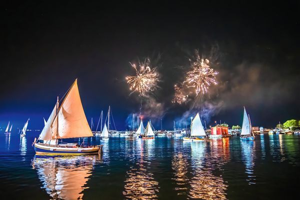 Krk historic sails night regatta with illumination and fireworks, Island of Krk, Croatia